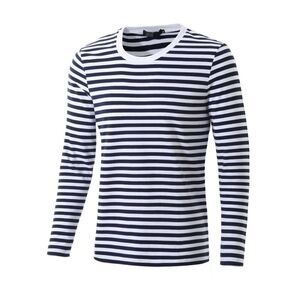 Navy Blue Striped T Shirt Crew Neck Long Sleeve Casual Cotton Pullover Tee Top